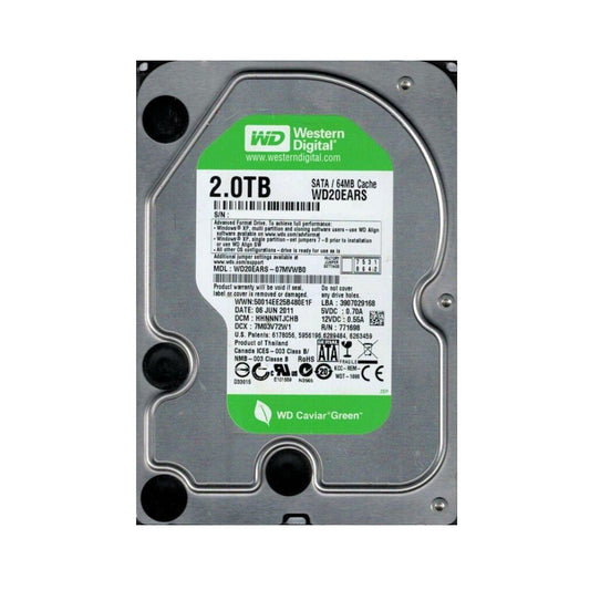 Western Digital Caviar Green 2TB 5400 RPM 3.5" Internal Hard Drive - SATA 3.0 Gb/s 64MB Cache - (WD20EARS) New