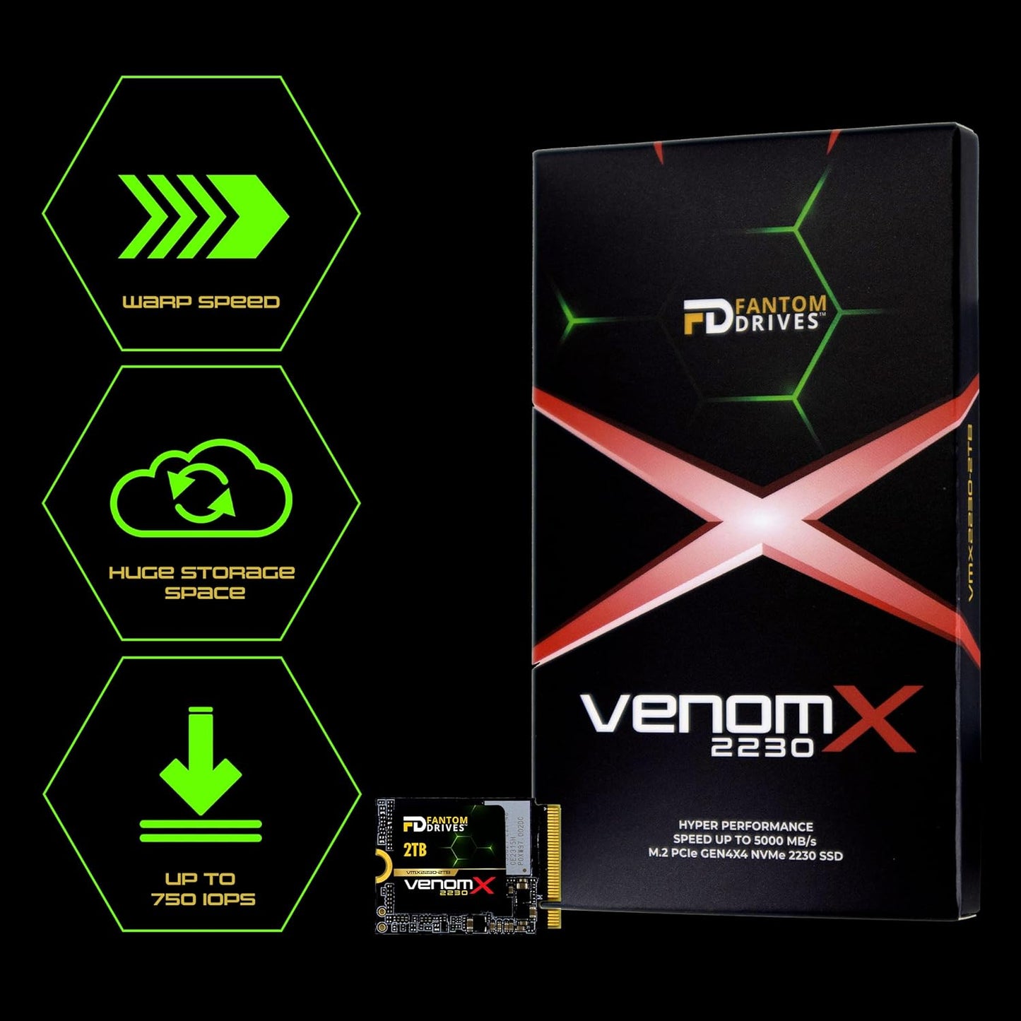 Fantom Drives VenomX 2TB M.2 2230 NVMe SSD, PCIe Gen4 x 4, Read speeds up to 5100MB/s, Internal Solid State Drive for PC and Gaming Consoles
